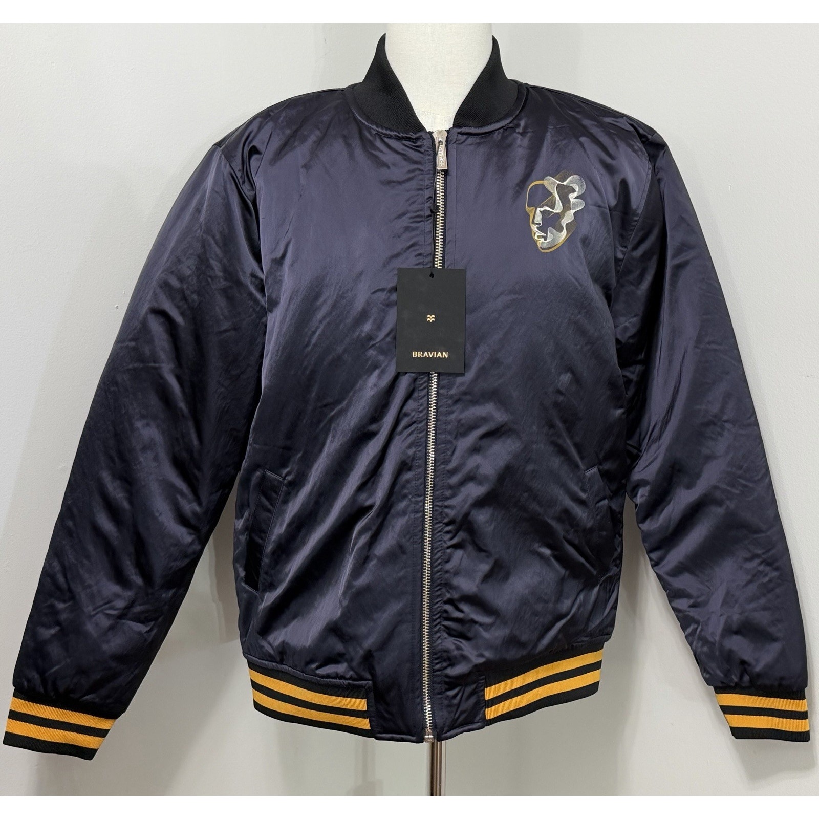 New Bravian Jacket Navy Blue Yellow Satin Bomber Varsity Coat Size 52 Nwt $510